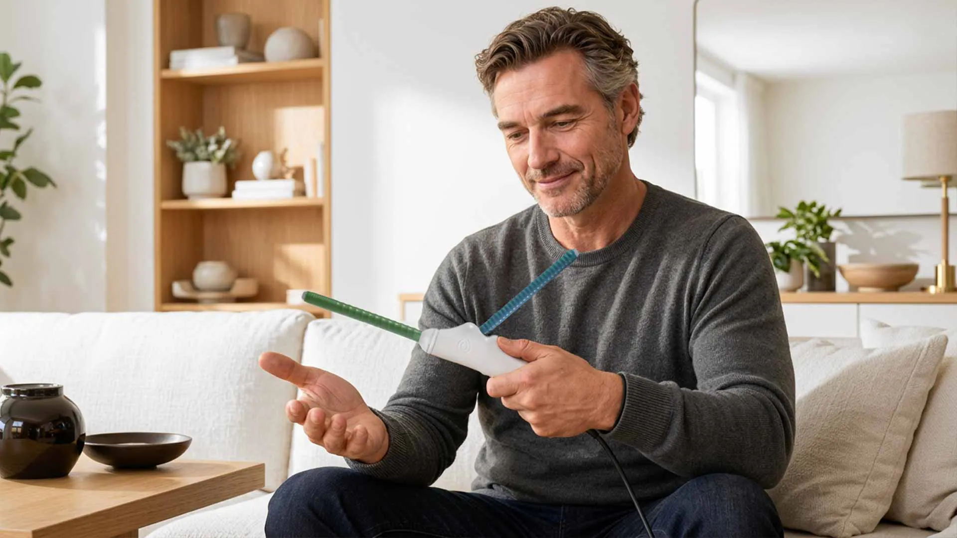 Man sitting on a sofa using the Tesla Oscillator hand probe