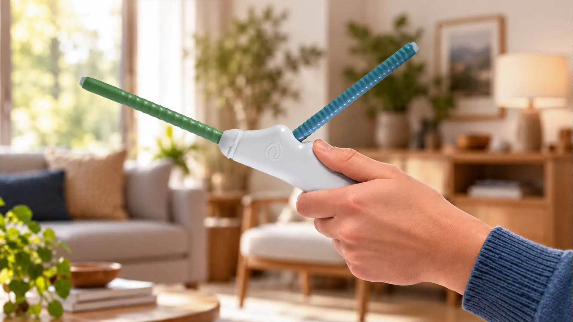 Hand holding the Tesla hand probe with its two antennas in a bright living room