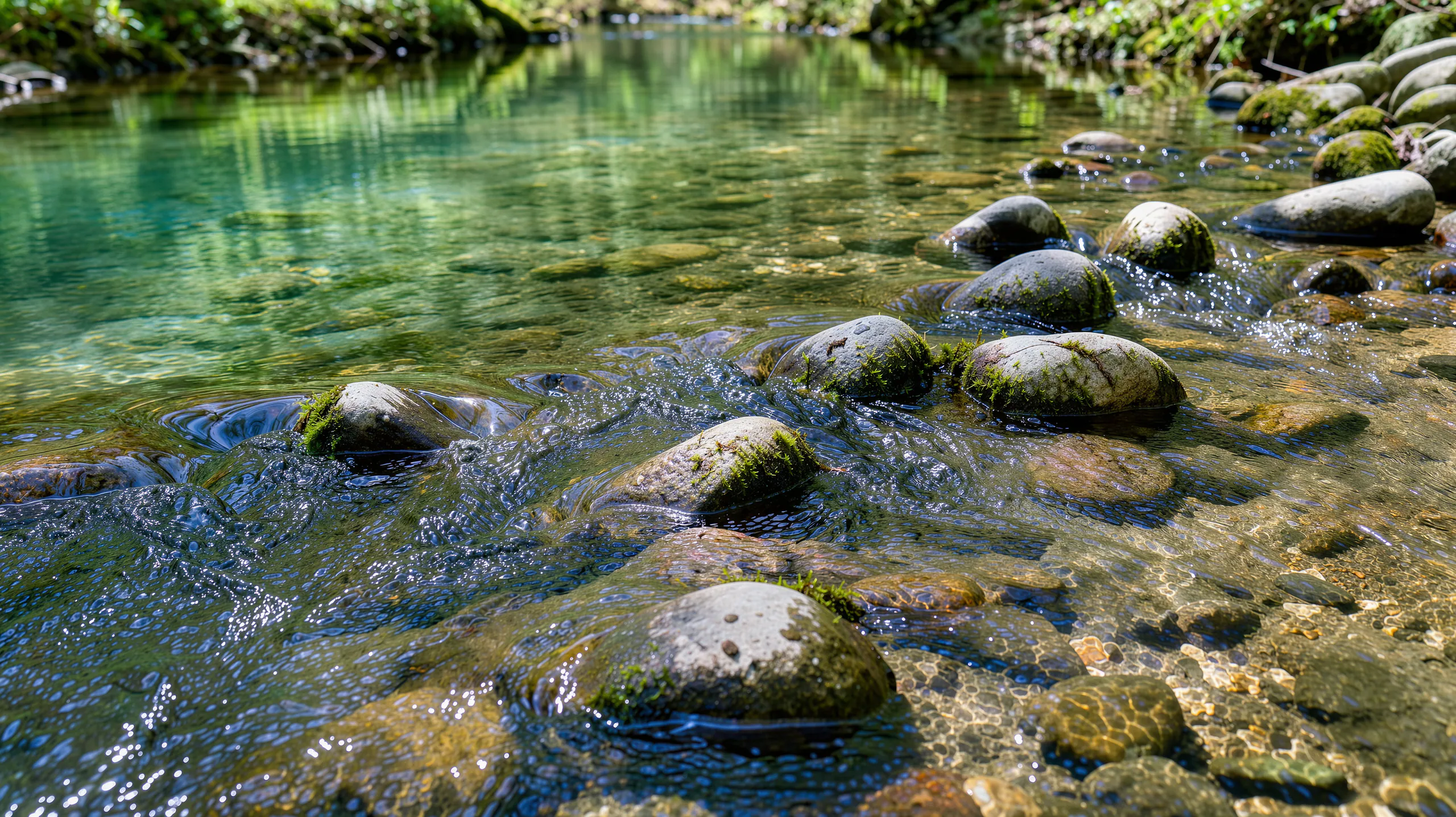 Clear spring water flowing over moss-covered stones