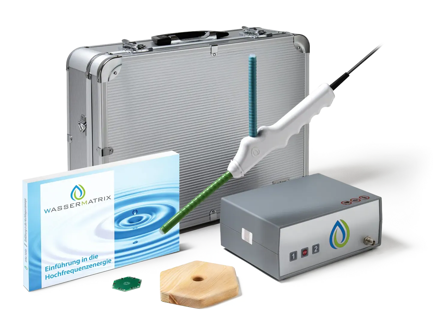 The complete Tesla Oscillator set: control unit, Tesla hand probe, water vitalisation set, LED test board, accessories and carrying case